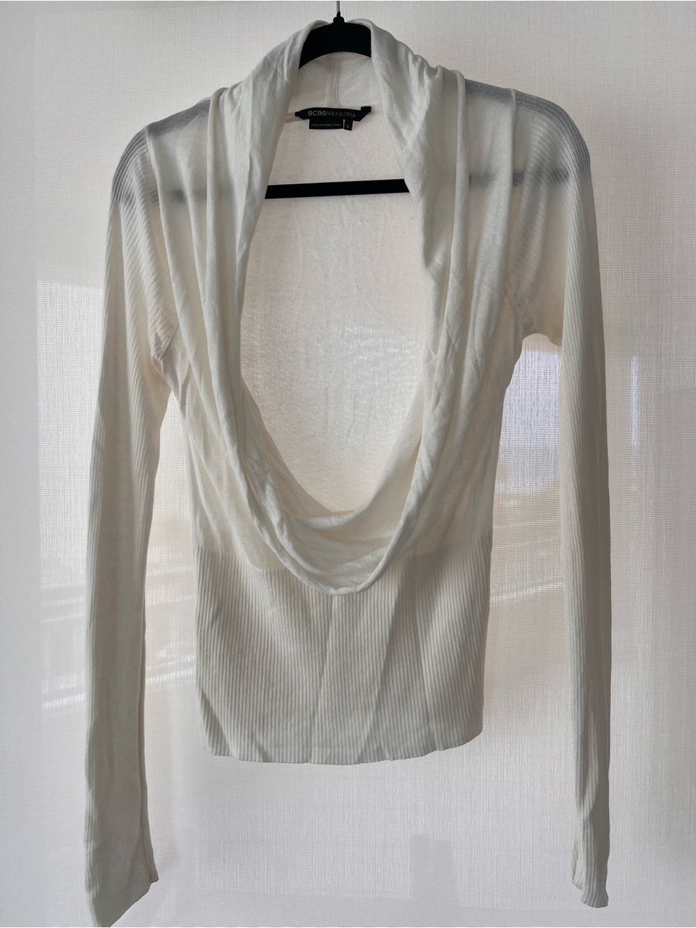 BCBGMaxAzria Ivory Deep Draped Cowl Neck Long Sleeve Top